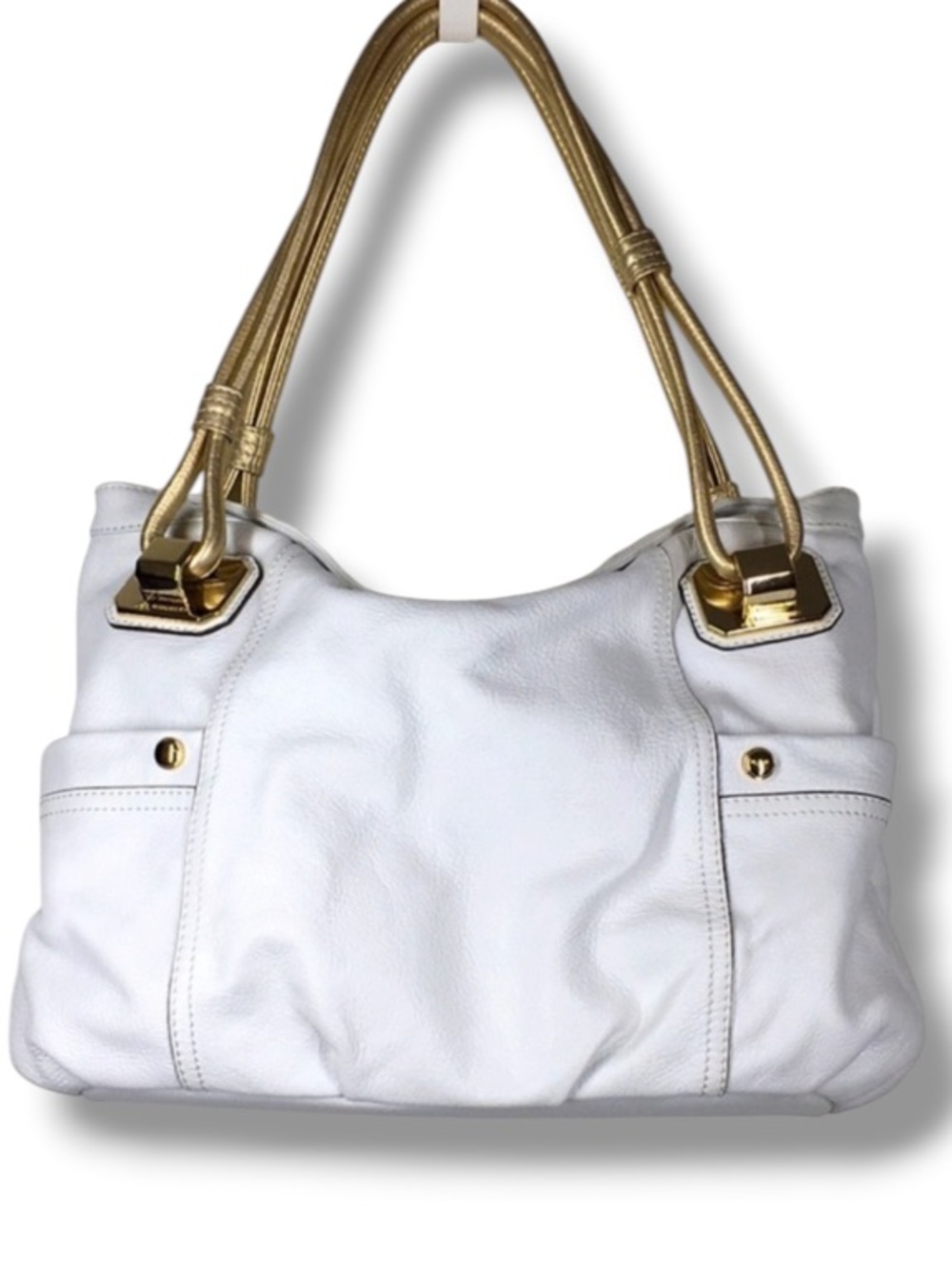 B. Makowsky Genuine White Pebbled Leather Gold Accents Luxury Couture Purse NWOT